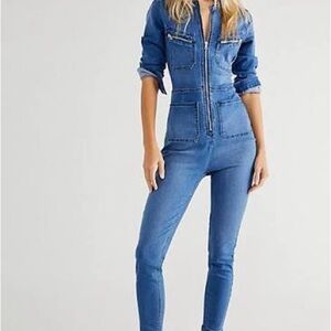 Free People Lennox Blue Denim Jumpsuit